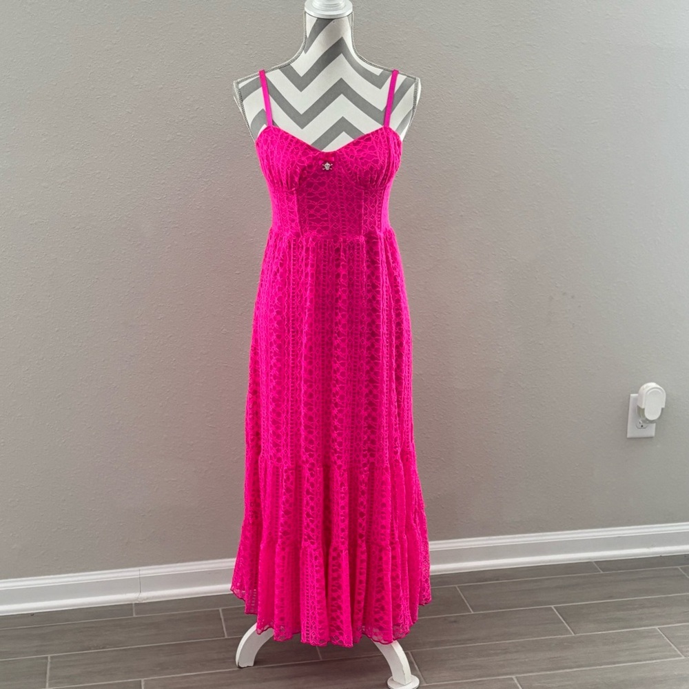 Betsey Johnson Dress Hot Pink Long Lace Dress Size 6 - Picture 2 of 10
